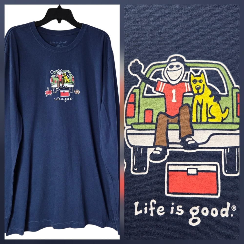 Life is Good Navy Blue Cotton Long Sleeve Crew Football Tailgating TShirt